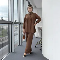 2PCS Eid Muslim Sets for Women Beads Shirt and Pants Arab Tops Trousers Ramadan Abaya Outfits Ensembles Islam Clothing Tracksuit