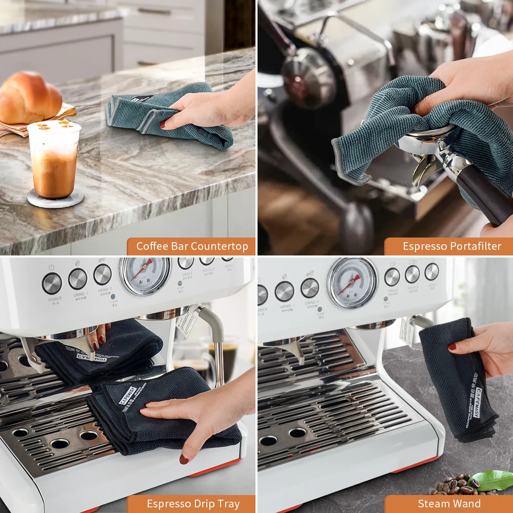 CAFEMASY Barista Micro Cleaning Towels Pack 4pcs Soft Absorbent Non-Abrasive Micro Cleaning Cloth with Hook for Barista to Clean Steam Wand Coffee