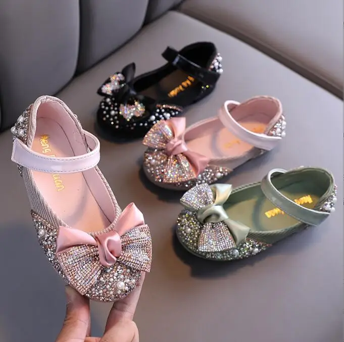 Children Leather Shoes Casual Colored Diamonds Bow Princess Girls Party Dance Shoes Baby Student Flats Kids Performance Shoes