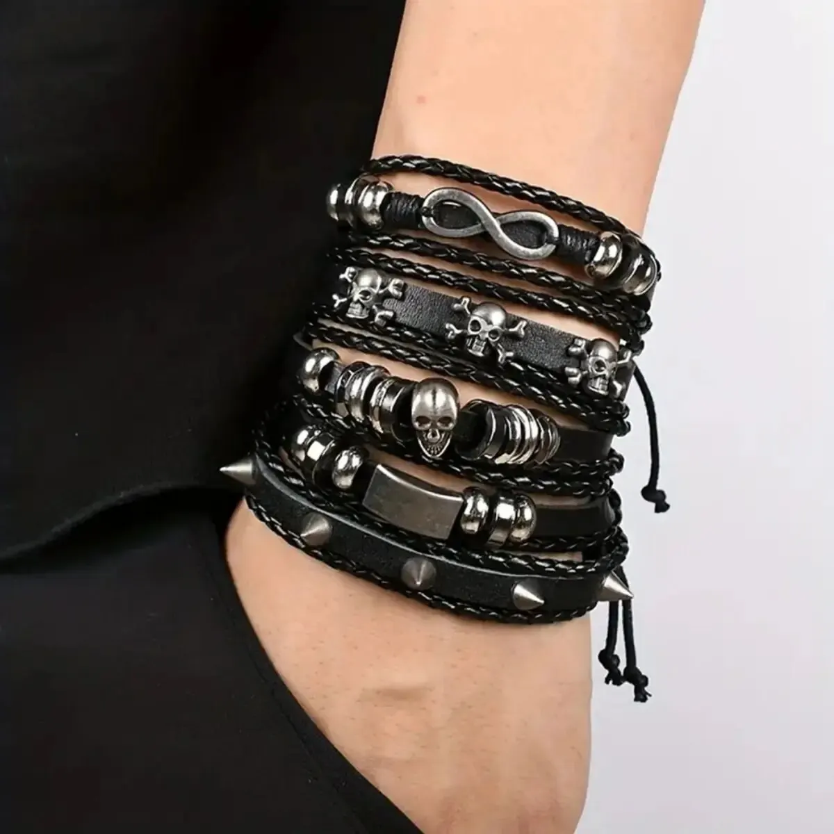 5pcs Metal Diy Braided Punk Style Bracelet Set, Featuring Pu Leather And Beads - Image 2