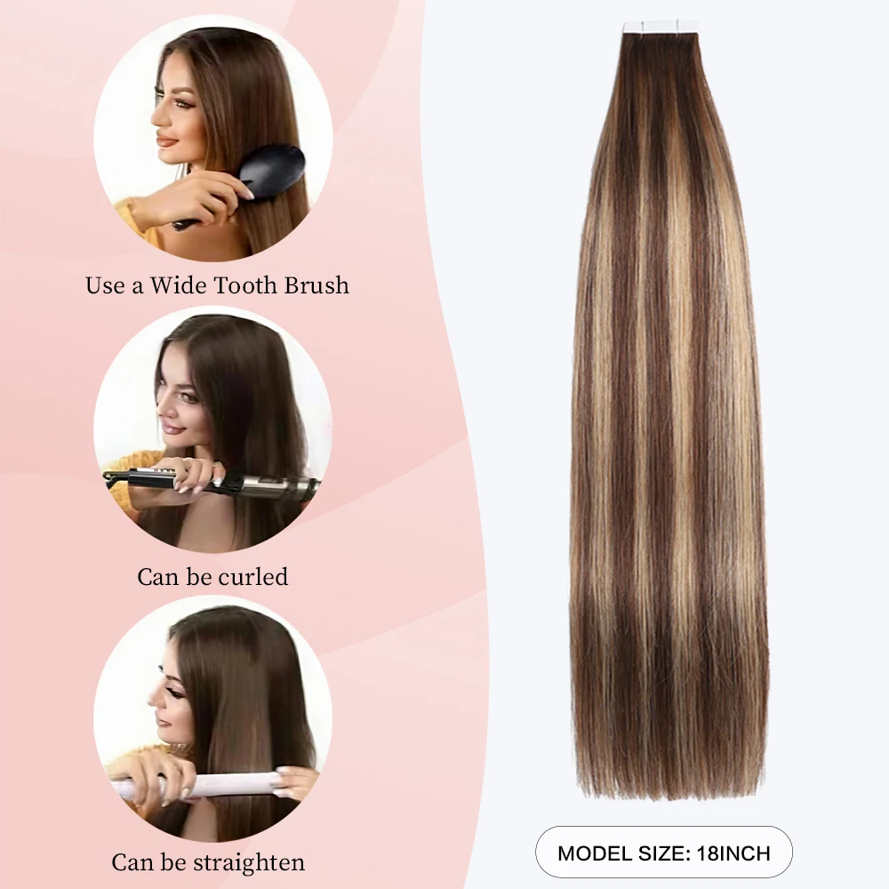 20 Pcs Tape in Hair Extensions Human Hair Ombre T4/P4/27 Brown to Caramel Blonde Invisible Seamless Remy Extensions