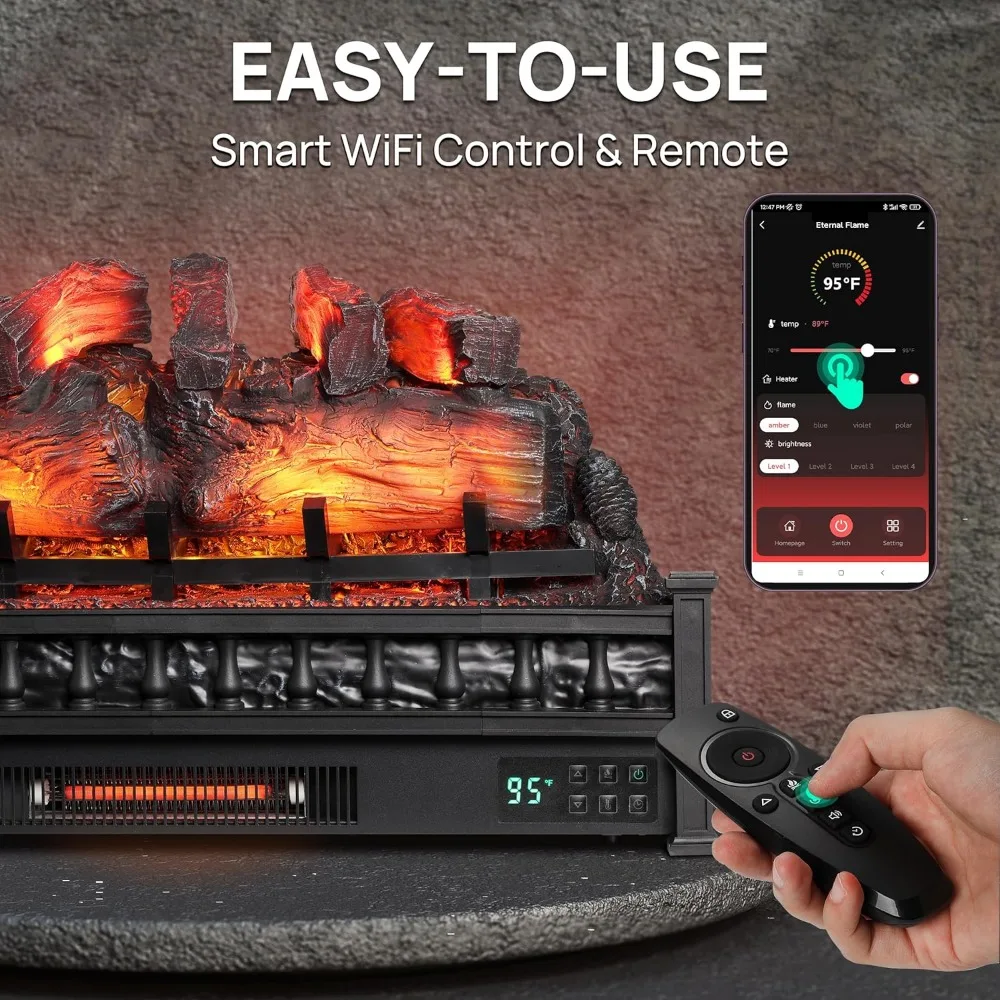 Flame 30 in.WiFi Infrared Quartz Electric Fireplace Log Heater with Sound Crackling,Realistic Pinewood Logs,Remote Control 3