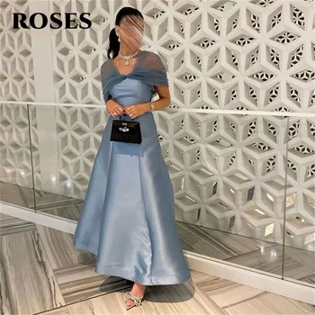 ROSES Dusty Blue Elegant Prom Dress Gown Off the Shoulder Formal Gown A-Line Stain Evening Prom Dress Gown for Woman Customized 1