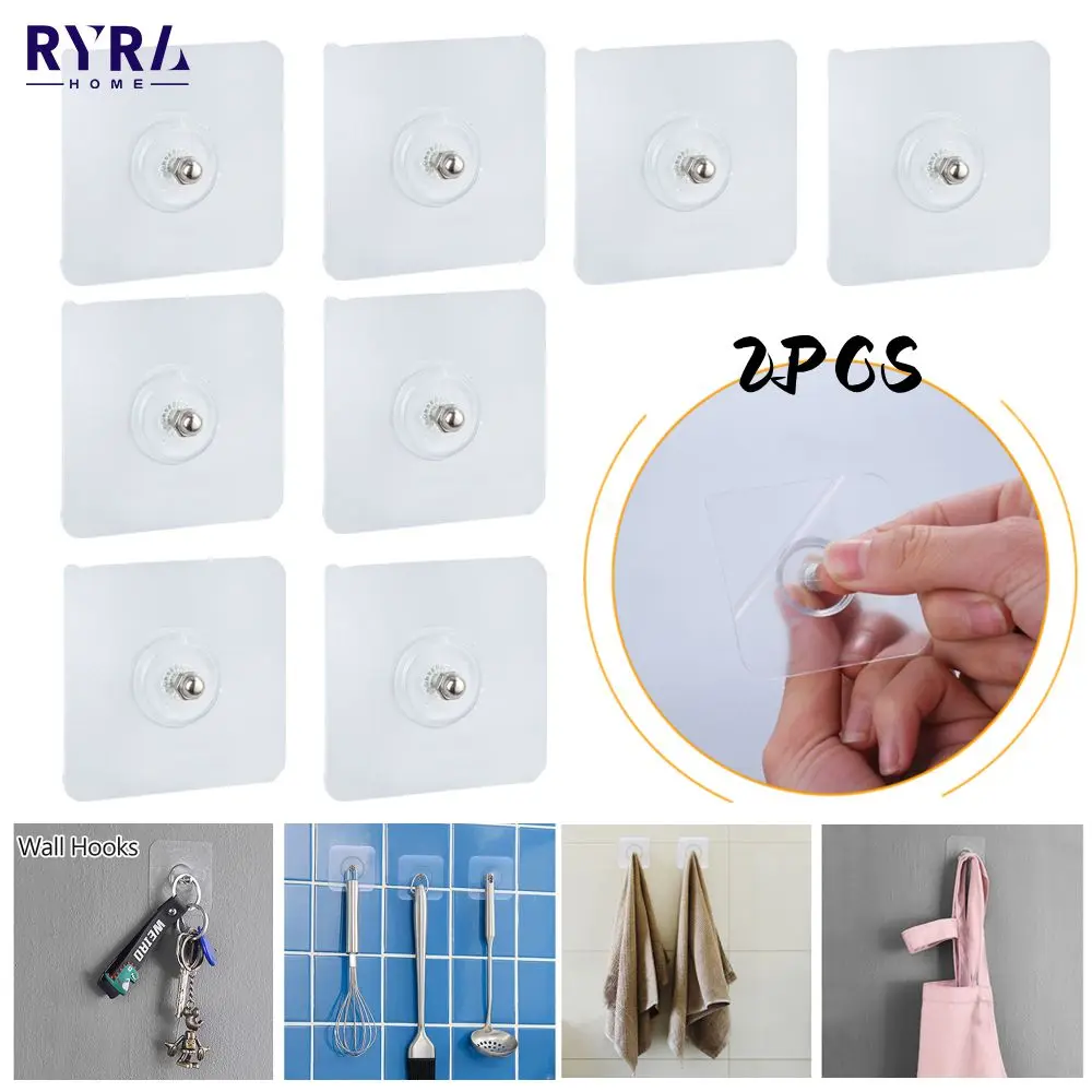 Wall Mount Hooks 2pcs Strong Adhesive Nails Wall Hooks Punch-Free Closet Cabinet Shelf Hanger for Photo Frame Painting Clock Kitchen Bath Sticker