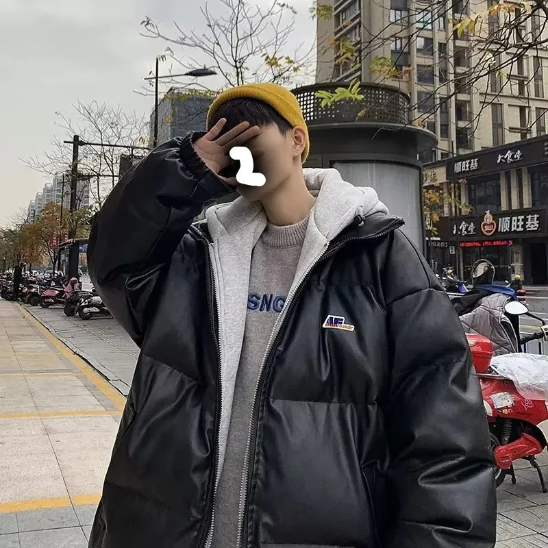 Autumn and Winter Korean Version Loose PU Leather Versatile Hooded Cotton Clothing Hong Kong Fashion Brand Warm Cotton Jacket