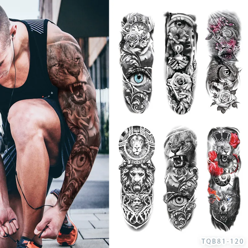 

Large Arm Sleeve Tattoo Lion Crown King Rose Waterproof Temporary Tatoo Sticker Wild Wolf Tiger Men Full Skull Totem Fake Tatto