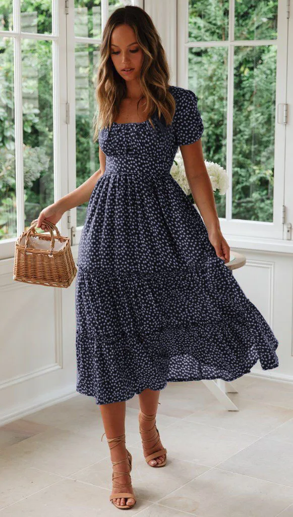Summer Women Beach Sweet Dresses Vintage Vintage Print Puff Sleeve Casual Square Collar Floral Maxi Long Dress Festa Vestidos 4