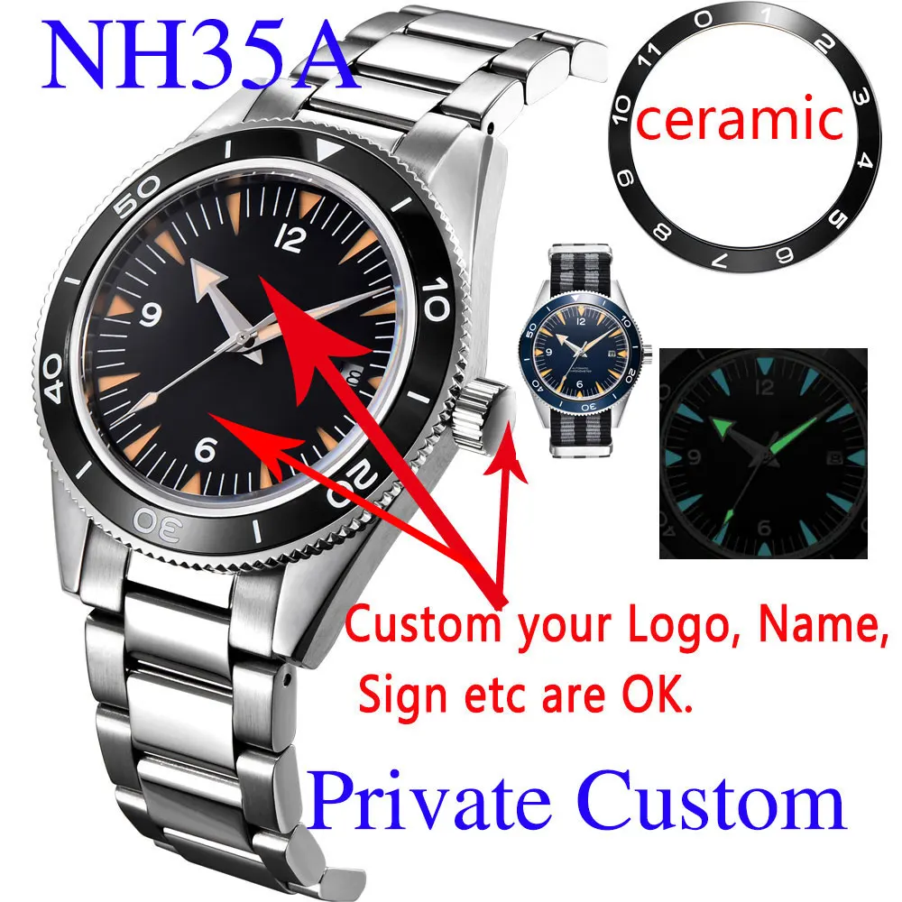 41MM Customized Personalized NH35 Engrave With Your Name Logo Men Automatic Wristwatch Steel Nylon Leather Band Miyota Seagull