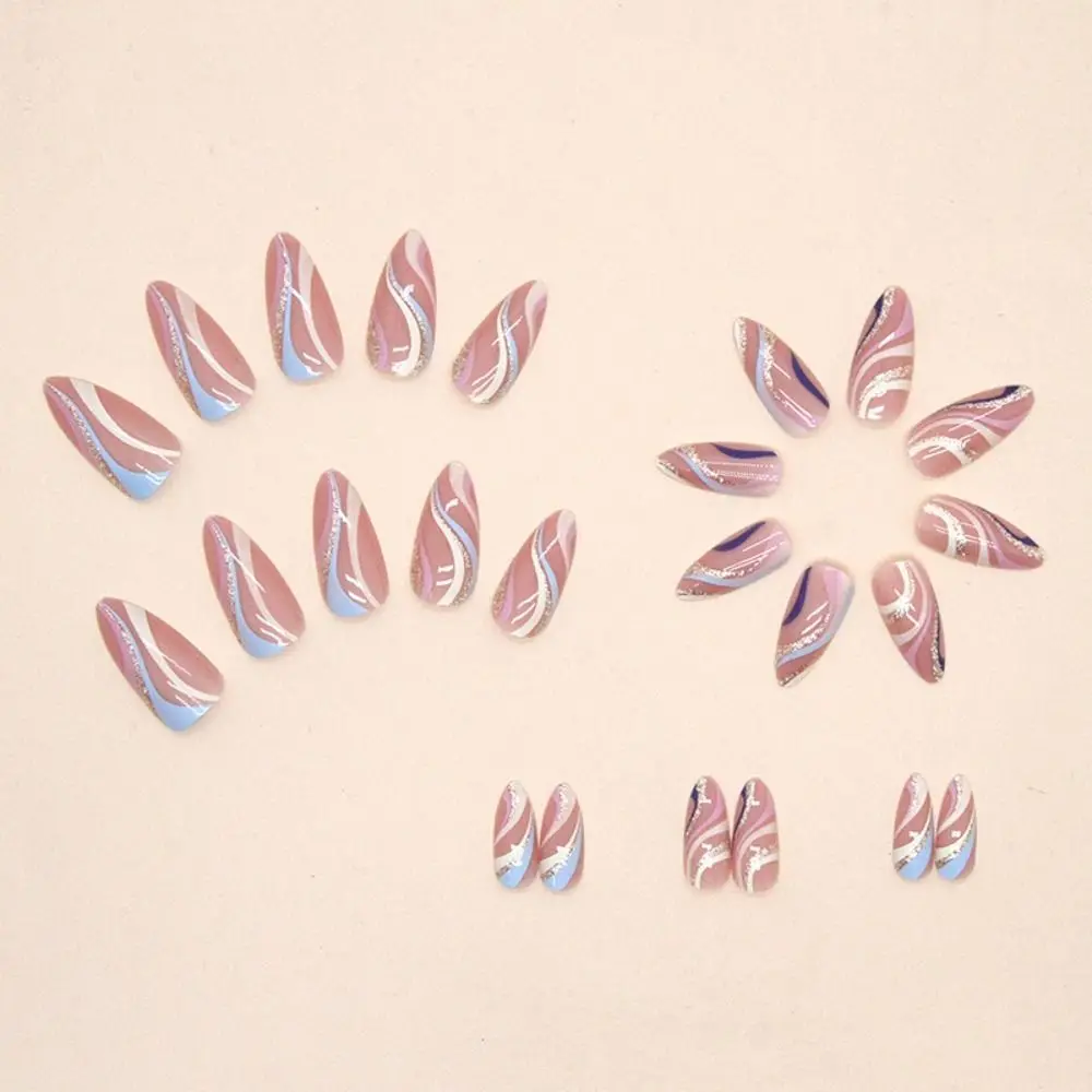 24pcs Long Almond Press-On False Nails - Colorful Wavy Flowers