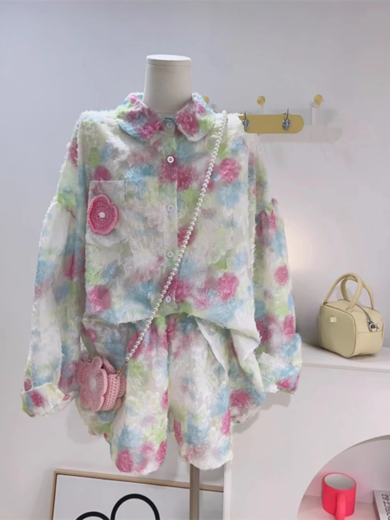 Korean Style 2024 Summer New Sweet Fashion Thin Single-breasted Blooming Flower Shirt Top Shorts Two-Piece Set Outfits For Women