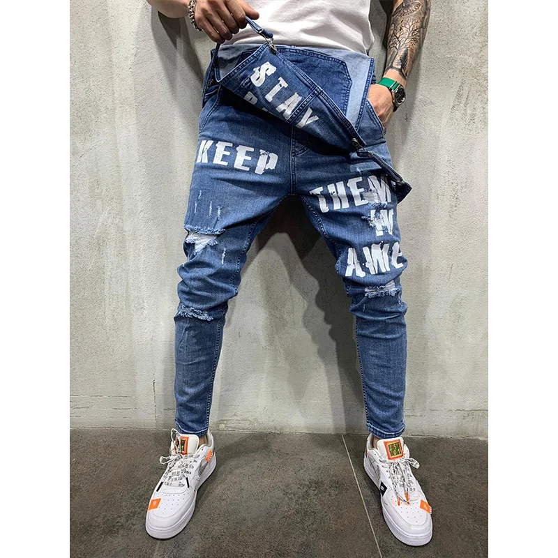 Men Jeans Men Suspenders Denim Jumpsuit Letters Denim Trousers Fashion Overalls Men's Ripped Printed Jeans Men Streetwear