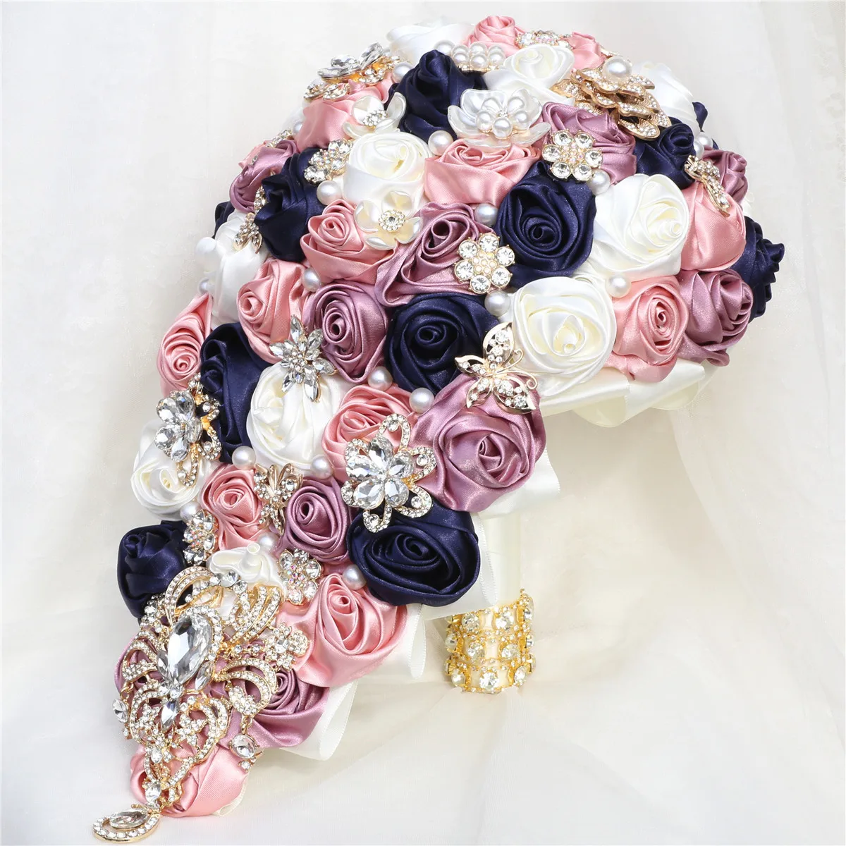 Golden Rhinestone Cascading Bride Bouquet Waterfall Wedding Flower Romantic Wedding Party Decoration Confession Bouquet
