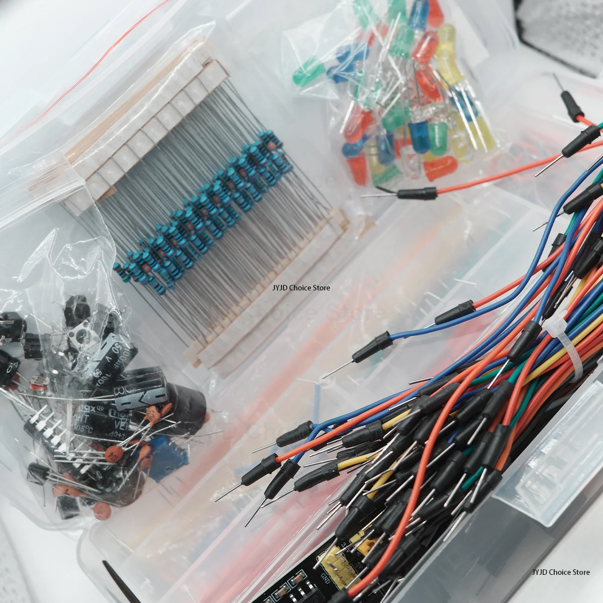 DIY Electronic Starter Set with Breadboard and Components in Organized Box