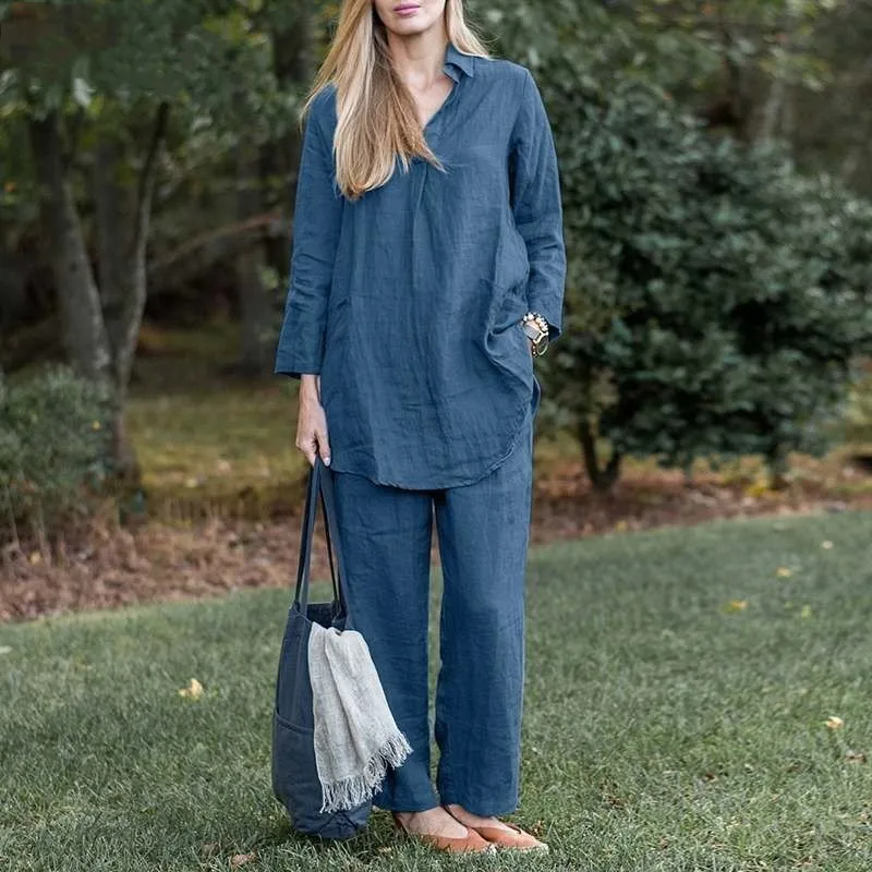 

Women Loose 2PCS Suit Lapel Long Sleeve Blouse Wide Leg Pant Solid Color Matching Long Pant Sets Elegant Casual Vintage Set 2024