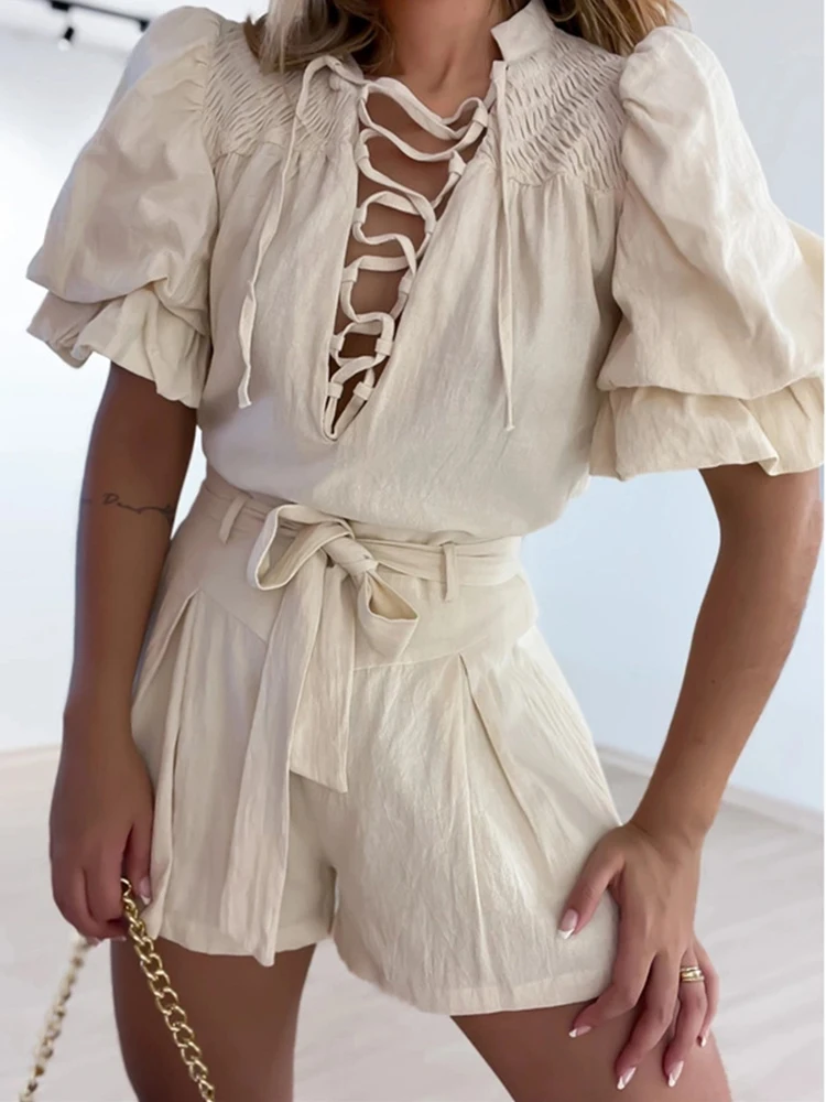 

Women Vintage Shorts Suit 2023 New Solid Neck Stacked Sleeve Shirt Tops Women High Waist Lace Straight Shorts Two Piece Set