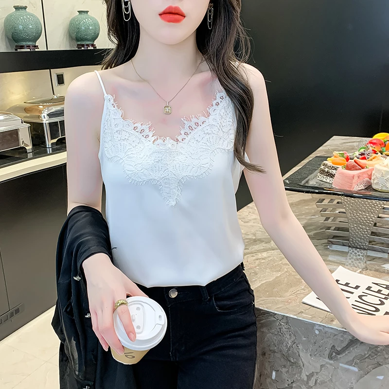 여름 한국 패션 실크 여성 Camis streetwear 새틴 섹시한 탑 레이스 민소매 흰색 여성 탱크 탑 블라우스 OL 여성 의류