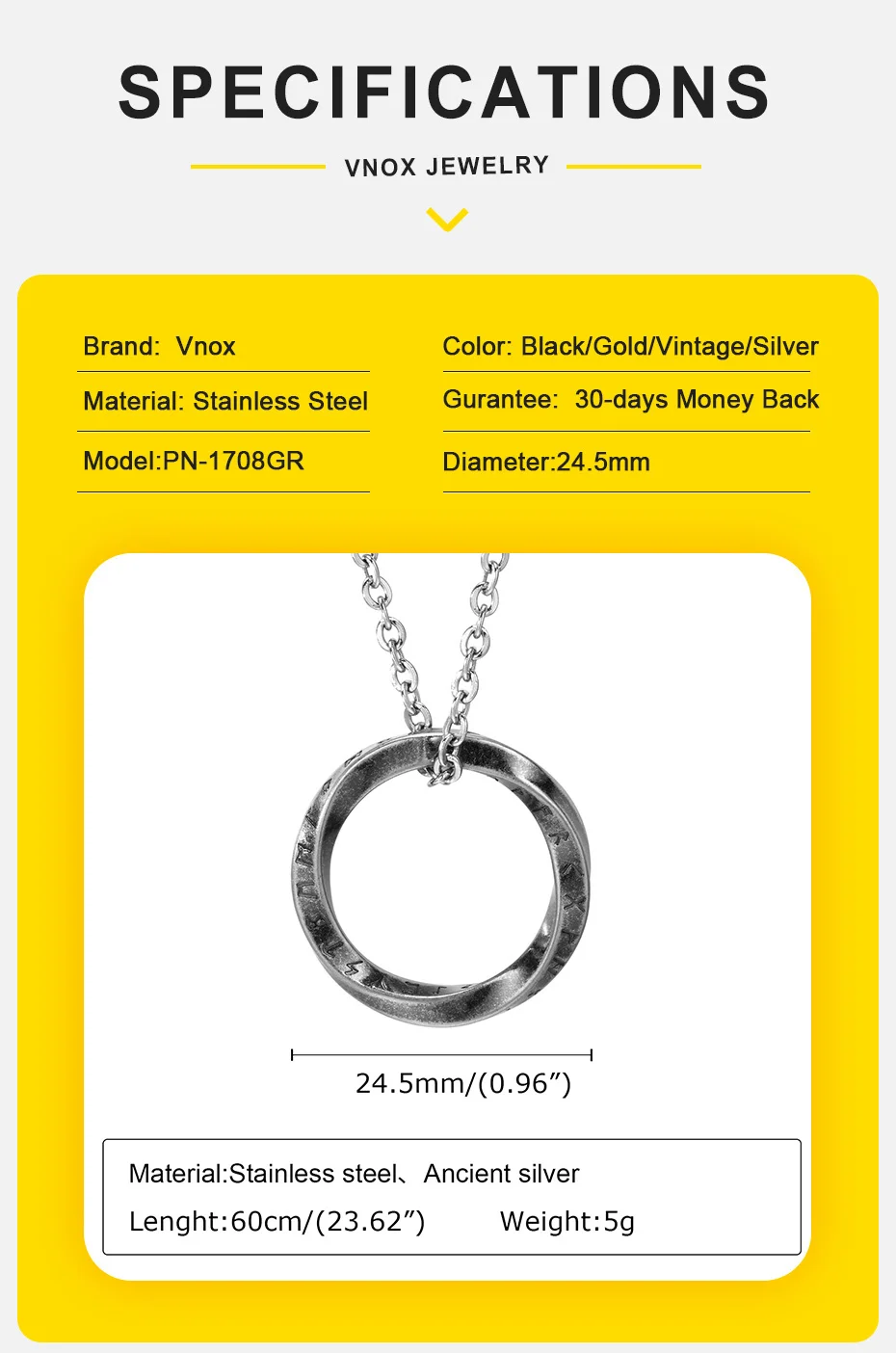 Vnox Wikinger Rune Mobius Halsketten für Männer Frauen, Vintage Edelstahl Nordic Almut Anhänger, Unisex Casual Kragen Schmuck – Detail 4