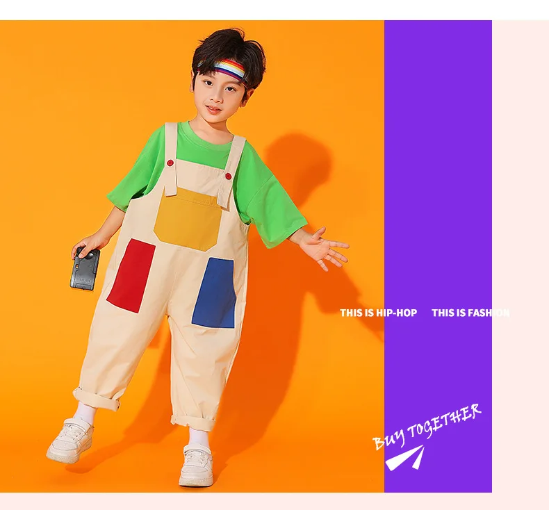 Boys Hip Hop Colored T-shirt Loose Contrast Overalls Girls Patchwork Dungaree Child Jumpsuit Street Dance Romper Kids Streetwear