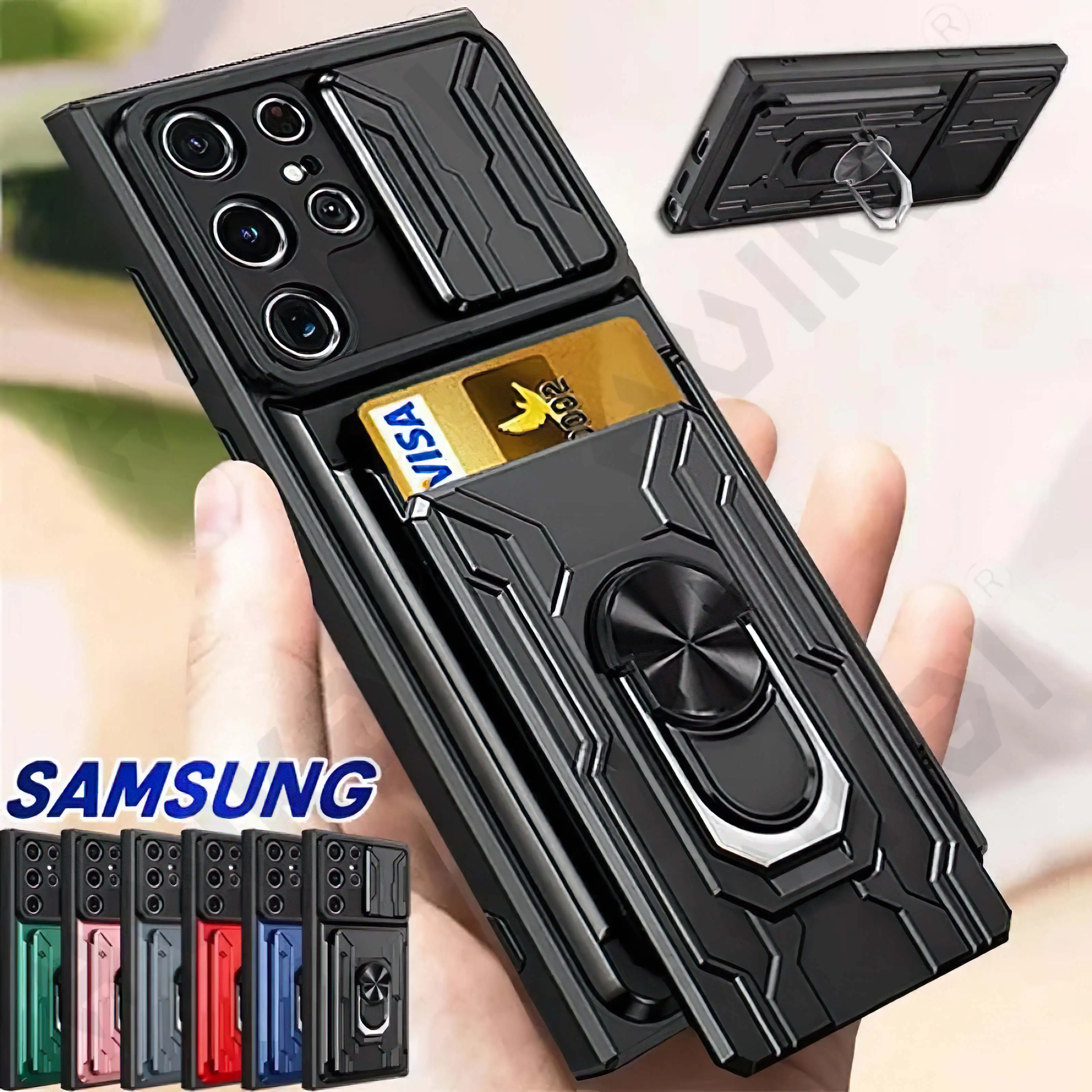 Hülle für Samsung Galaxy S23 S22 S21 Ultra Plus S20 FE A34 A54 A24 A53 A14 A13 4G 5G Schiebekamera Kartenhalter 360° Ring_voghion.com