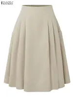 2025 ZANZEA Women Office Skirts Summer Elastic Waist Jupes Elegant A-line OL Work Faldas Saia Solid Pleated Knee Length Skirt