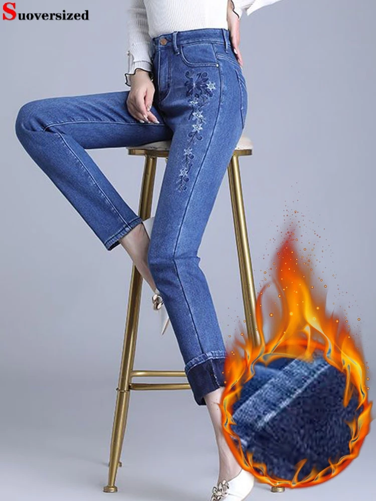 

Winter Blue Straight Jeans Add Velvet High Waist Denim Pants Thick Baggy Vaqueros Warm Vintage Embroidery Woman Spodnie