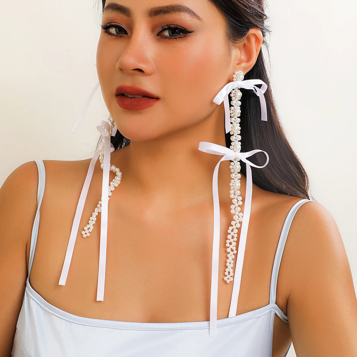 Elegant Long Tassel Ribbon Bowknot Pendant Drop Earrings for