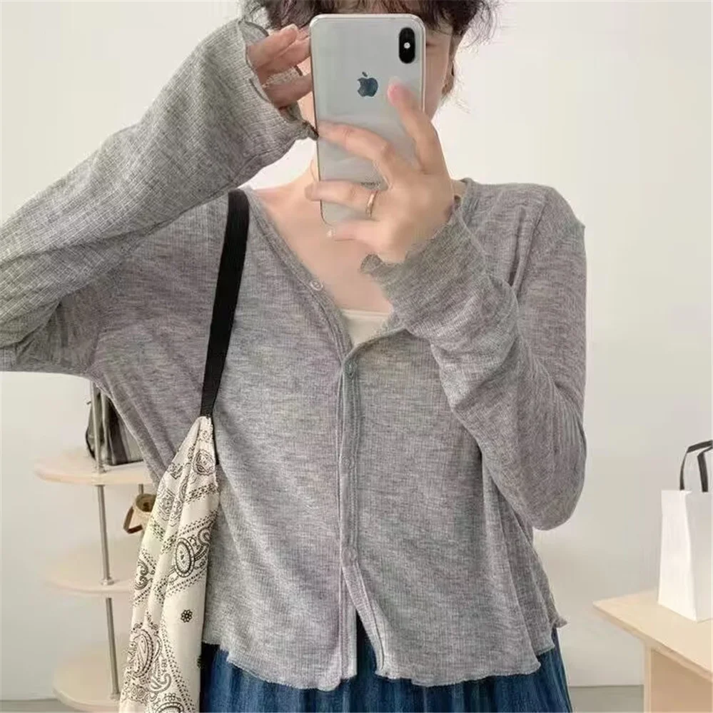 

Cardigans Women Slim Solid All-match Leisure Spring Sunscreen Chic Basic Korean Style Female Fashion Breathable Vintage Knitted
