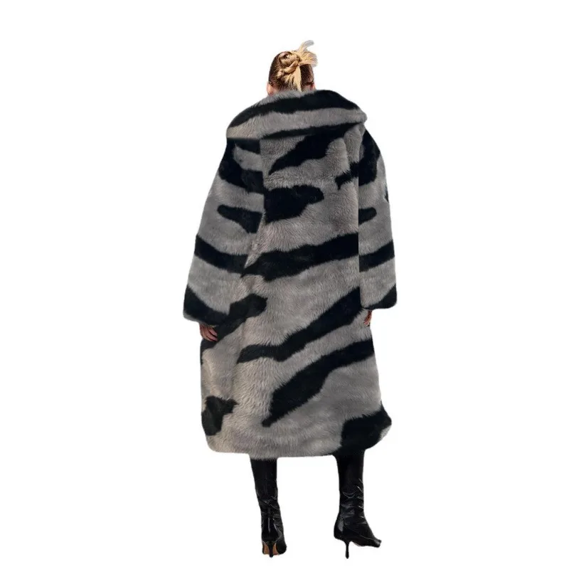 Winter Chic Long Faux Fur Coat Women Fluffy Jacket Luxury Branded Coat Long Sleeve Streetwear Thick Warm Fur Jacket Tiger Stripe