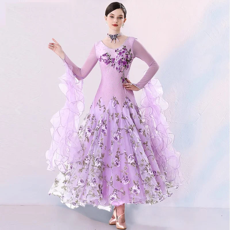 Women's Performance Party Embroidery Rhinestones Ballroom Dance Dress Long Sleeve Modern Waltz Costumes