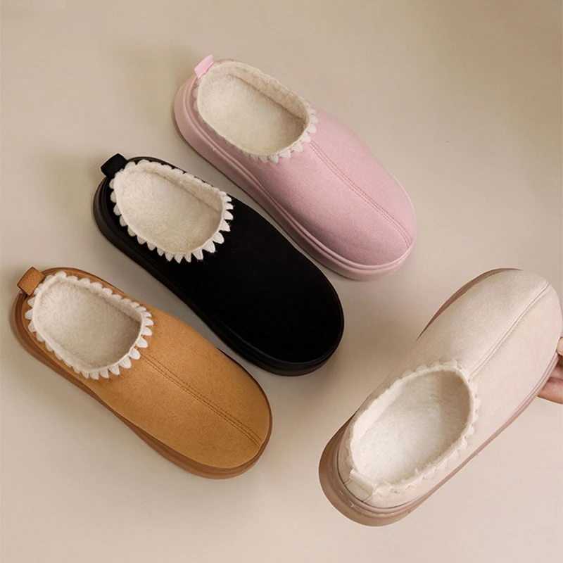 Suede Thick Sole Cotton Slippers Women Light Short Plush Fur Slippers Woman Closed Toe Warm Non Slip Cotton Indoor Shoes Ladies