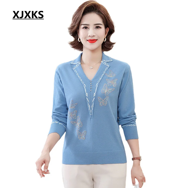 

XJXKS Exquisite Diamond Lapel Sweater Women's Pullover 2022 Autumn Winter Latest Loose Plus Size Jumper
