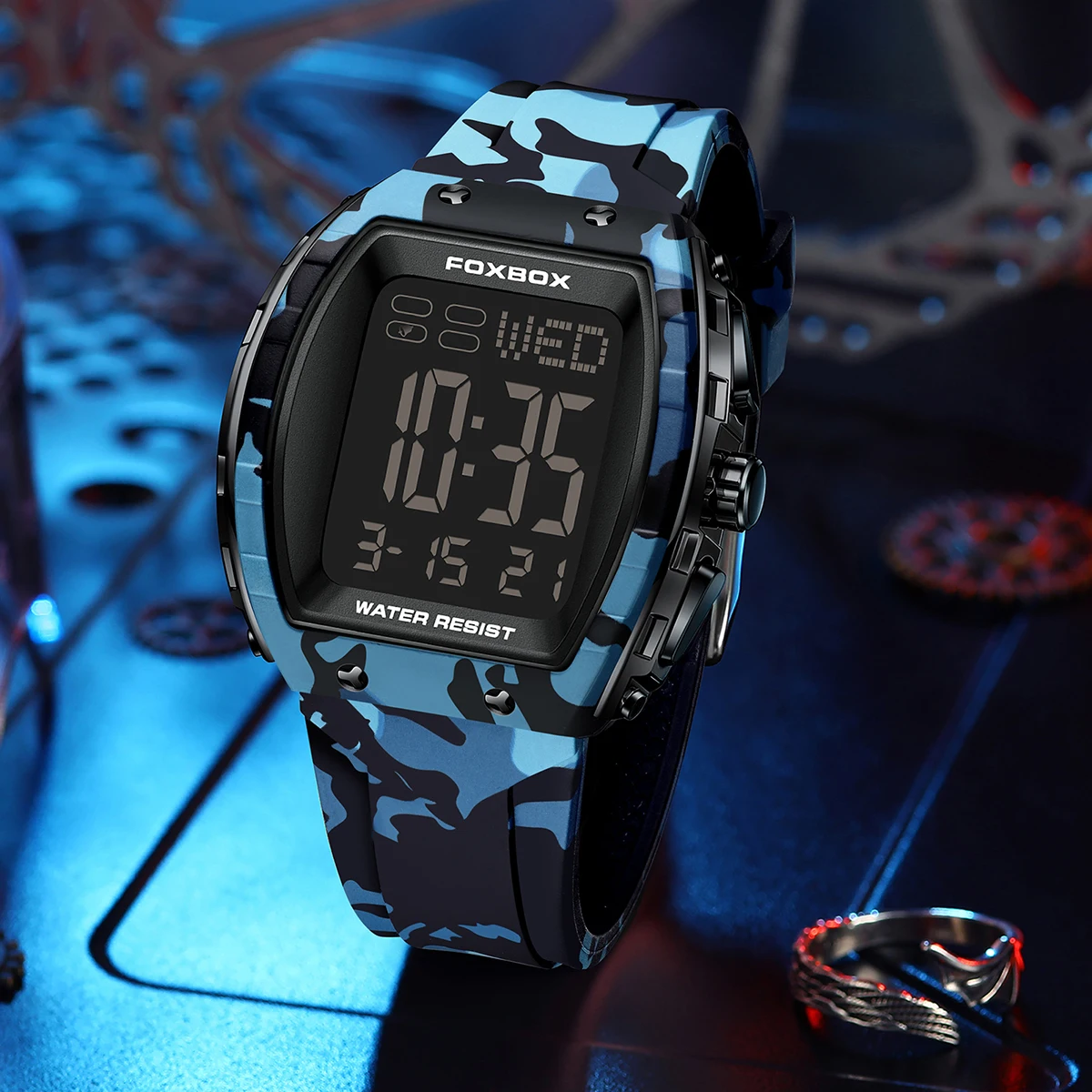 FOXBOX Military Camouflage Men Watch Sports Waterproof Digital Wristwatch LED Luminous Date Week Navy Blue Silicone Man Watches 3