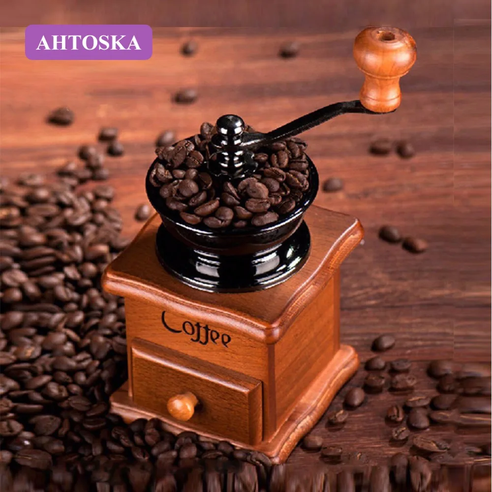 

AHTOSKA Hand Retro Manual Coffee Grinders Ceramic Wood Metal Bean Machine Household Food Mill for Cafe Home Kitchen