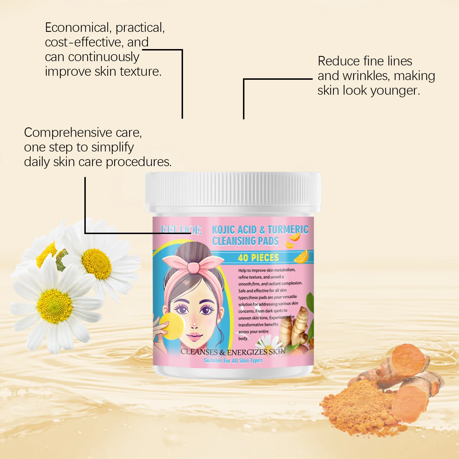 Kojic Acid Turmeric Cleansing Pads Exfoliate Face Cleansing Remove Dead Skin Smoothing Shrink Pores Oil Control Skin Care Pads 3