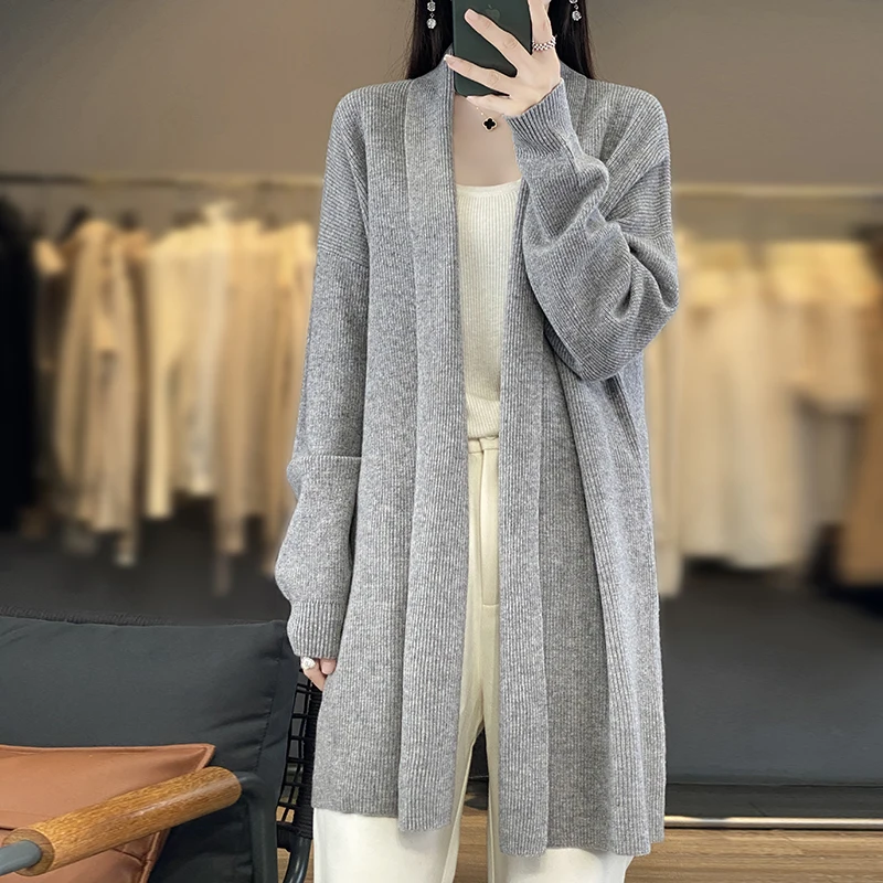 女性 カシミアカーディガン 新しい秋 冬 コレクション 長くニットカーディガン Vネック 2021 女性のカシミヤセーター,Vネック,無地のニットカーディガン,長く