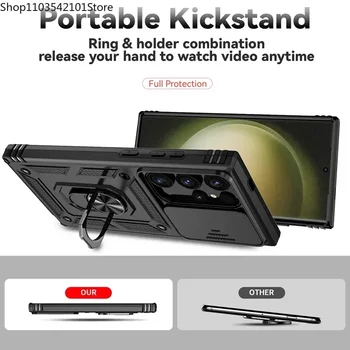 Stand Rotating Slide Camera Lens Military Grade Armor Case For Samsung S25 S24 S23 S22 S21 FE S20 Plus Note 20 Ultra M53 M33 5