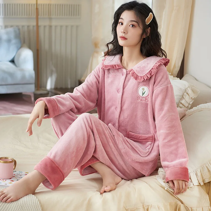 

2024 New Winter and Autumn Nightwear Flannel Warm Home Clothes for Women Cardigan Big Size 2XL Loungewear pijamas de mujer