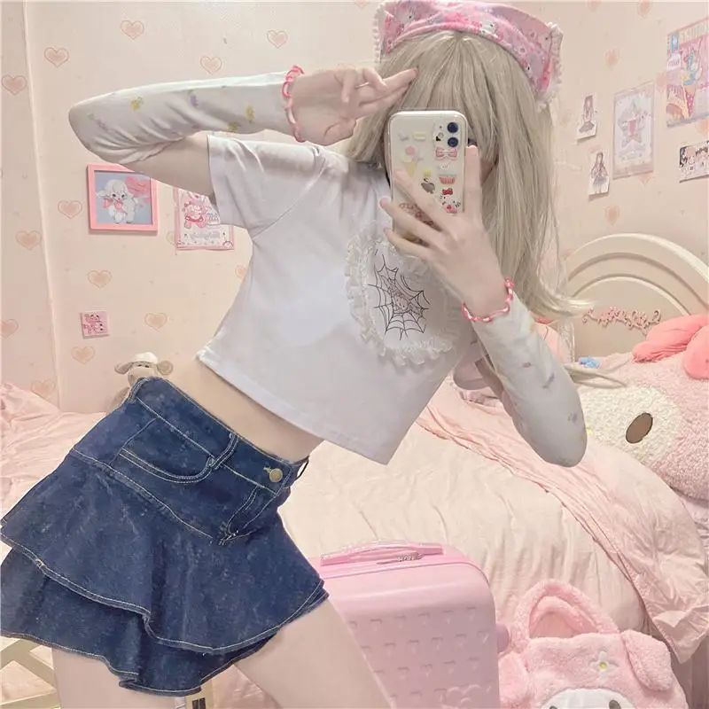 Summer Women's 2024 Lolita Spicy Girl Splice High Waist Slim Fashion Solid Color Button Zipper A-Line Double Layer Denim Skirt