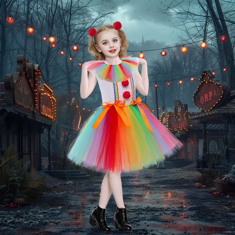 2024 NEW Halloween Anime Color Joker Tutu Dress Girls Carnival Clown Cosplay Lolita Kawaii Creepy Child Party Scary Clothes Kids