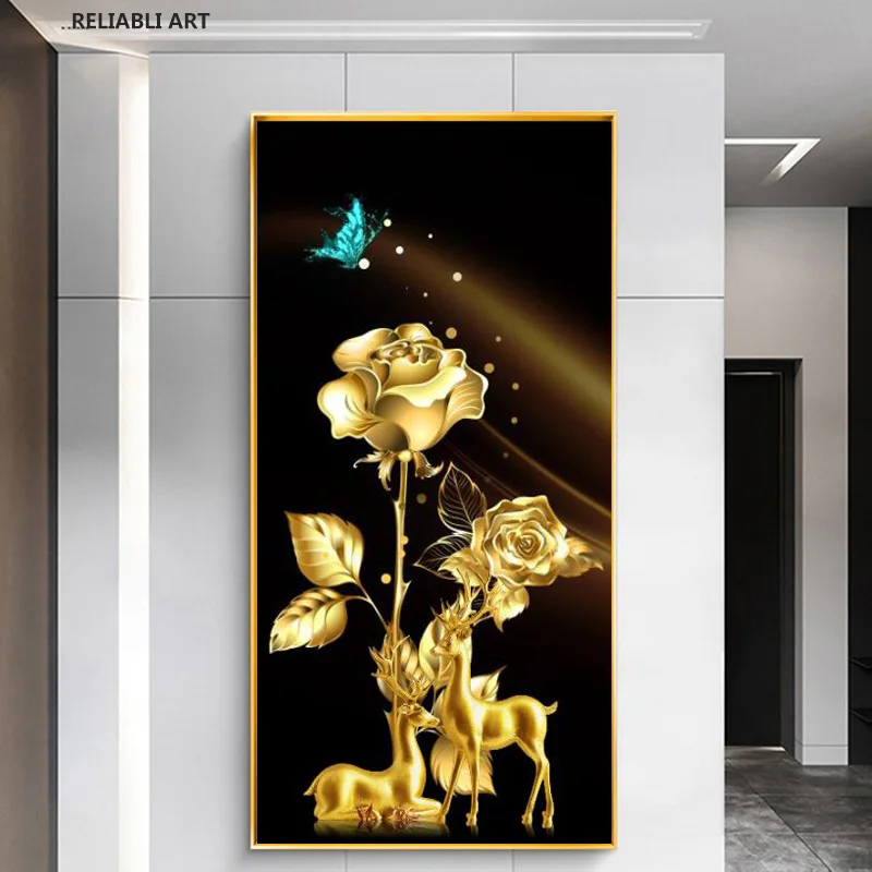 

Modern Abstract Gold Rose Flower Deer Posters Canvas Art Prints Picture Wall Decoration Nordic Home Living Room Decor Painting