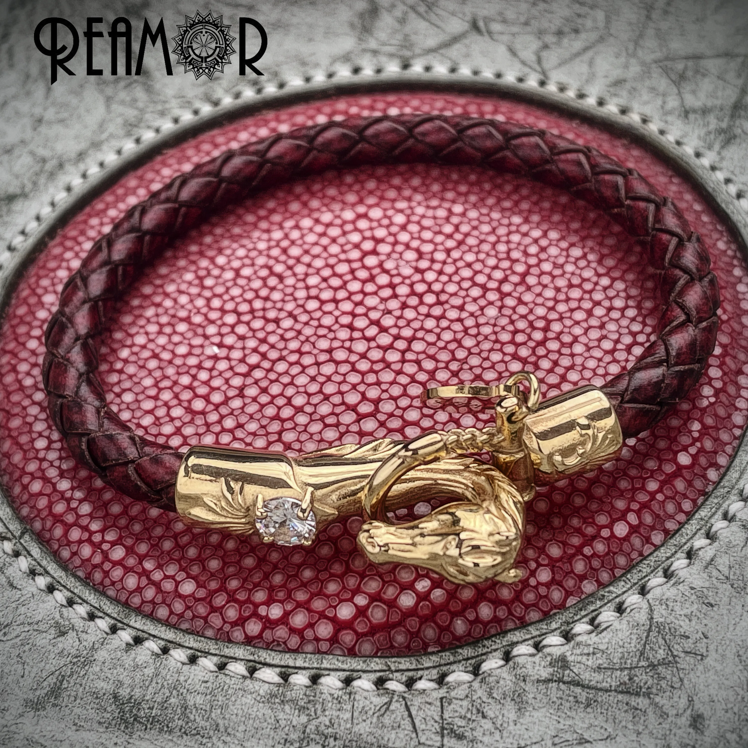 Red Leather Bracelets Bangles Men Jewelry Vintage Totem Gold