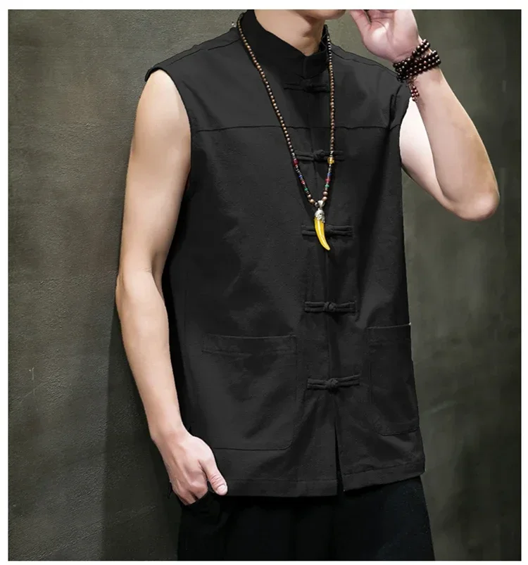 

Spring Summer Men's Chinese Vintage Linen Vest Sleeveless Shirt Hanbok Cardigan Jacket Harajuku Open Seam Jacket M-5XL