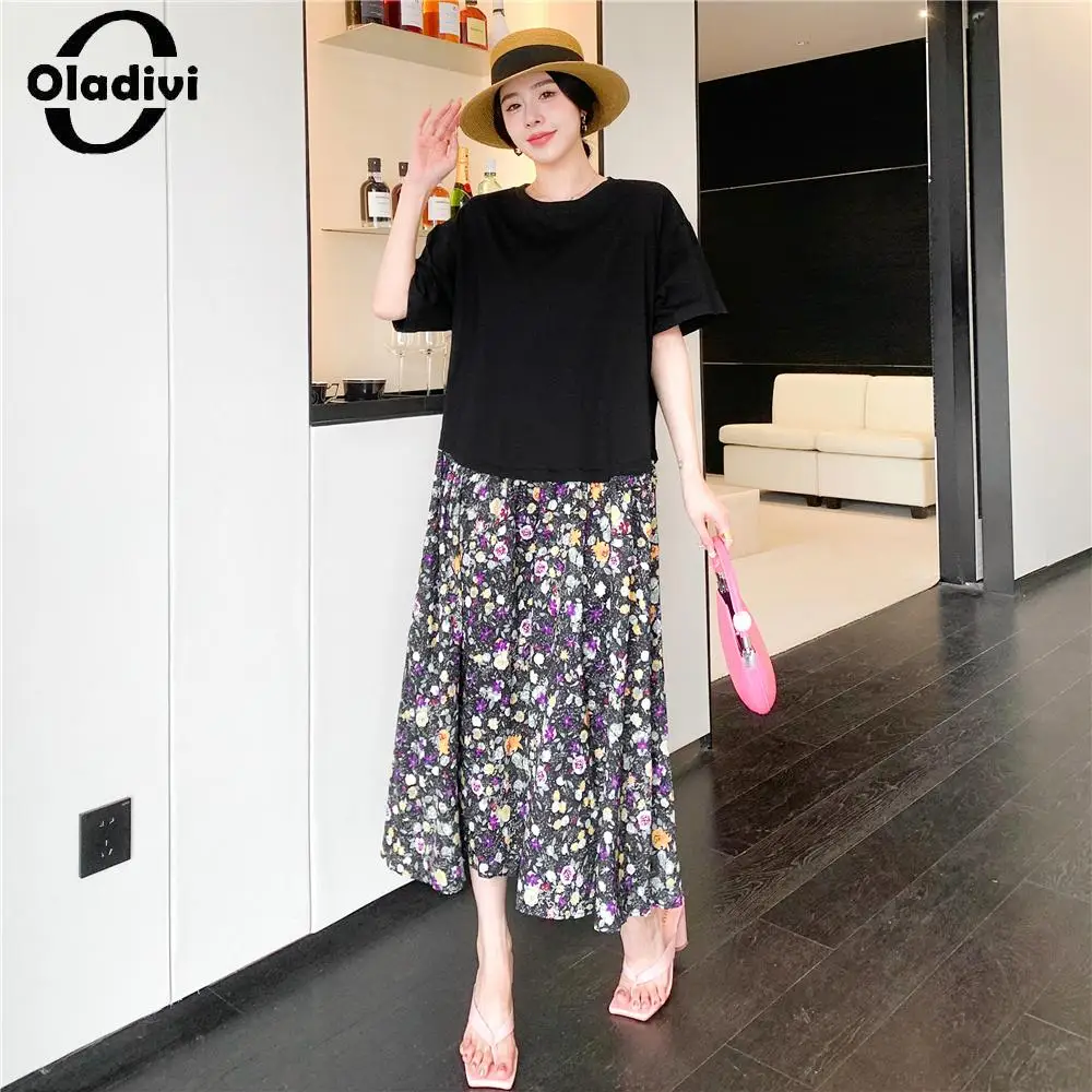 

Oladivi Large Size Women's Fashion Floral Print Patchwork Dress Summer Casual Loose Midi Dresses Female Oversized Clothing 6662