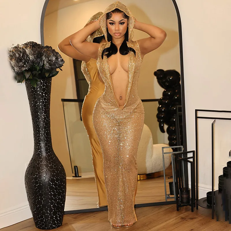 

Gold Silk Fishnet Patchwork Hooded Long Dress Women Fashion Sexy Swinging V Neck Sleeveless Backless Club Party Maxi Dresses
