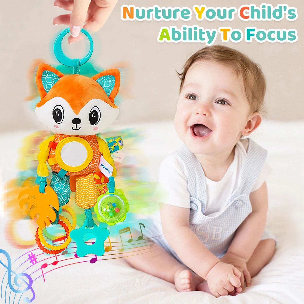 Soft Hanging Crinkle Squeaky Sensory LearningToy Stroller Car Seat Crib Travel Plush Animal Wind Chime with Teether Boys Girls 2