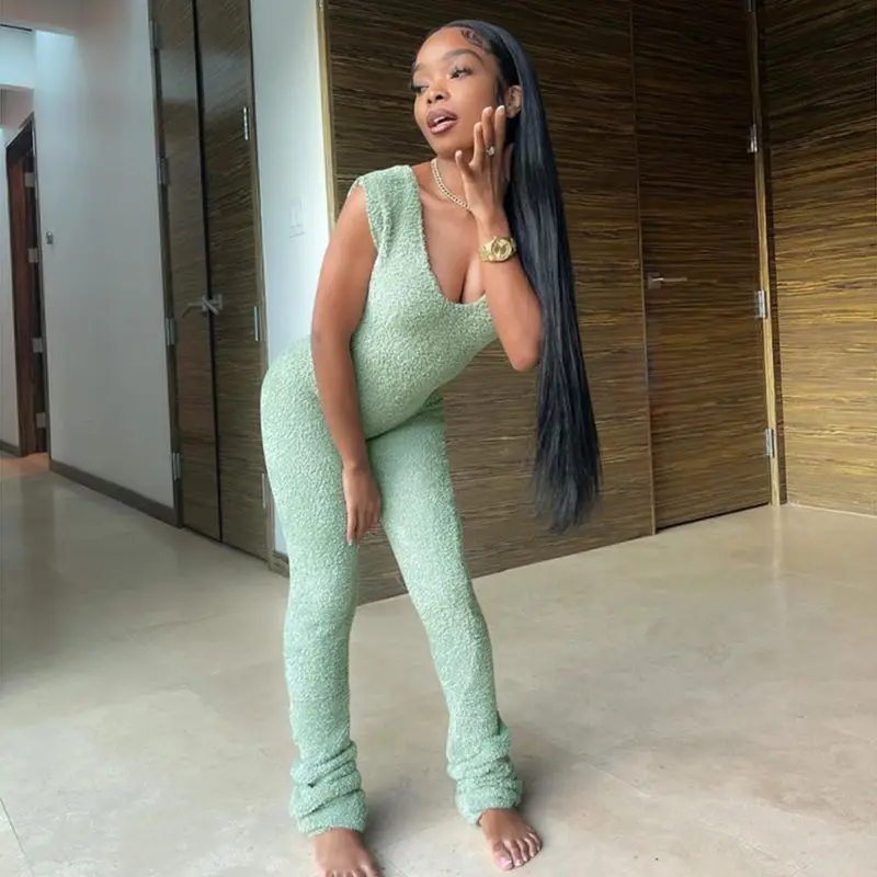 

Furry Women Jumpsuit Y2K Fashion Sleeveless Slim Ruched Stacked Casual Fitness Sporty Playsuit Streetwear Chic Rompers for Women