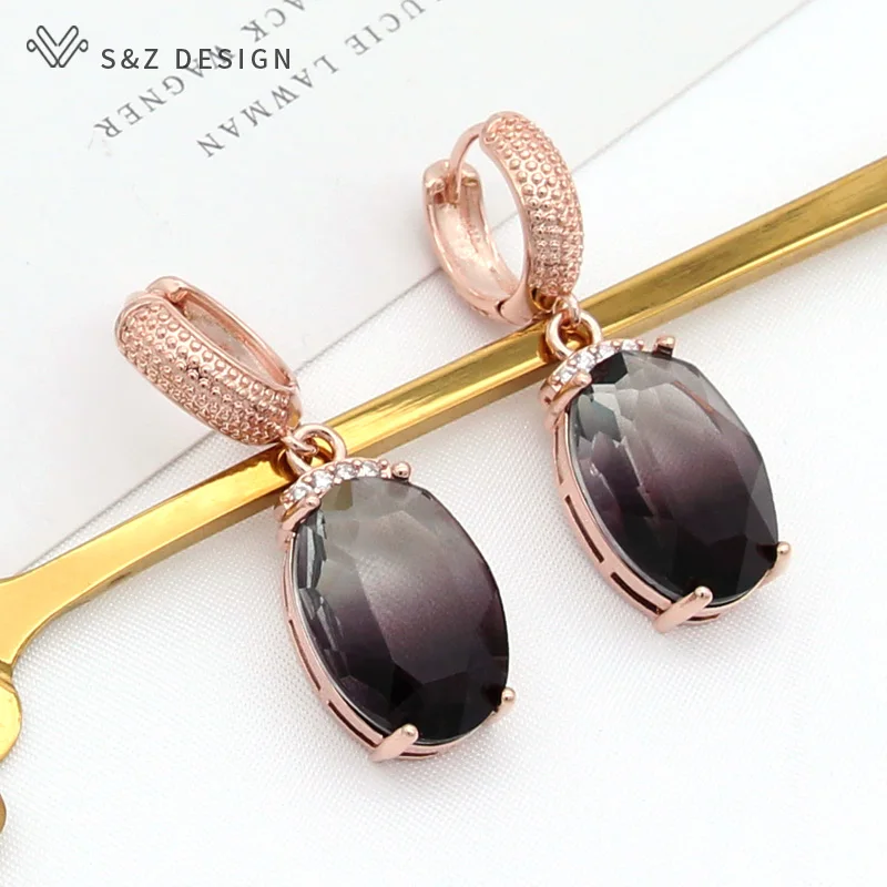 S&Z DESIGN Fashion Oval Egg Shape Imitation Tourmaline Dangle Earrings For Women Wedding Party 585 Rose Gold Color Jewelry