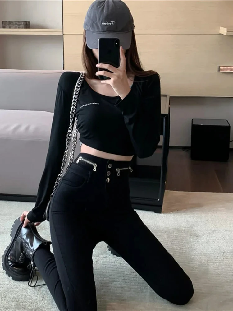 New Spring Autumn New High Waist Tight Fitting Slim Zipper Decoration Stretch Black Pencil Pants Women 2024 New women s two piece set 2024 spring and summer new zipper design clothing chain decoration tight fitting slim pants set in stock