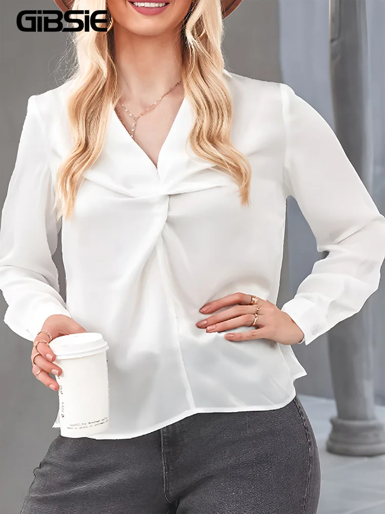 

GIBSIE Plus Size Twist Front V Neck Blouse Women Fashion 2024 Spring Long Sleeve Elegant Office Ladies White Blouses Tops