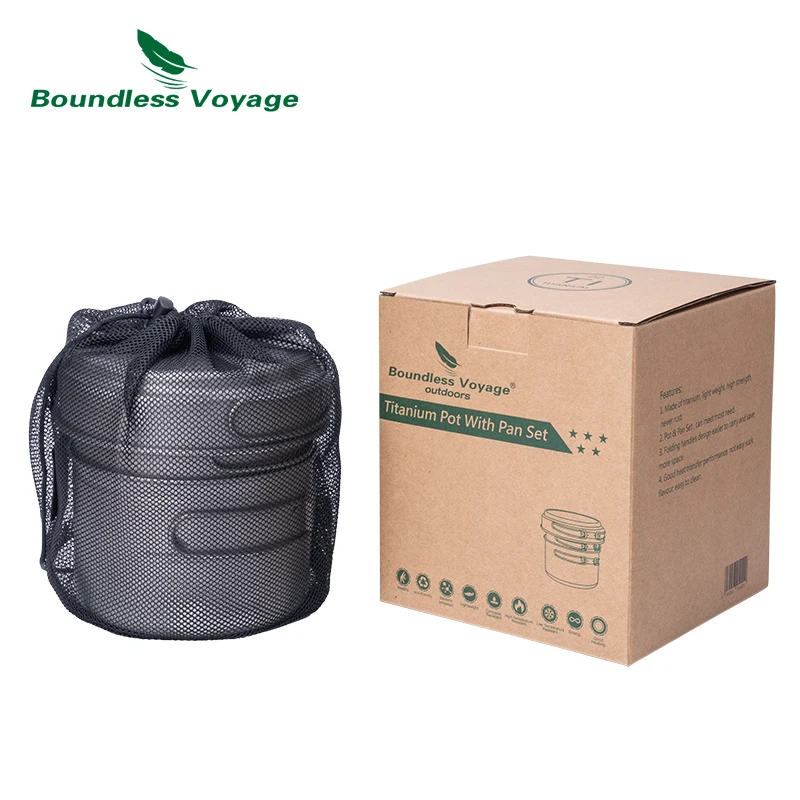 Set Pentole In Titanio Da Campeggio Boundless Voyage – 2 Pezzi (1000ml + 500ml) Con Manici Pieghevoli, Leggero 179g, Per Escursionismo E Picnic